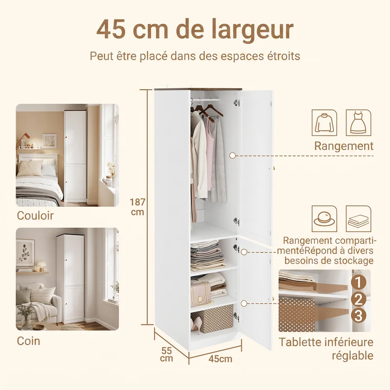 SoBuy KSB03-W Armoire Penderie 2 Portes pour Chambre – Penderie et 3 Étagères, Anti-Basculement – 45×55×187 cm, Blanc