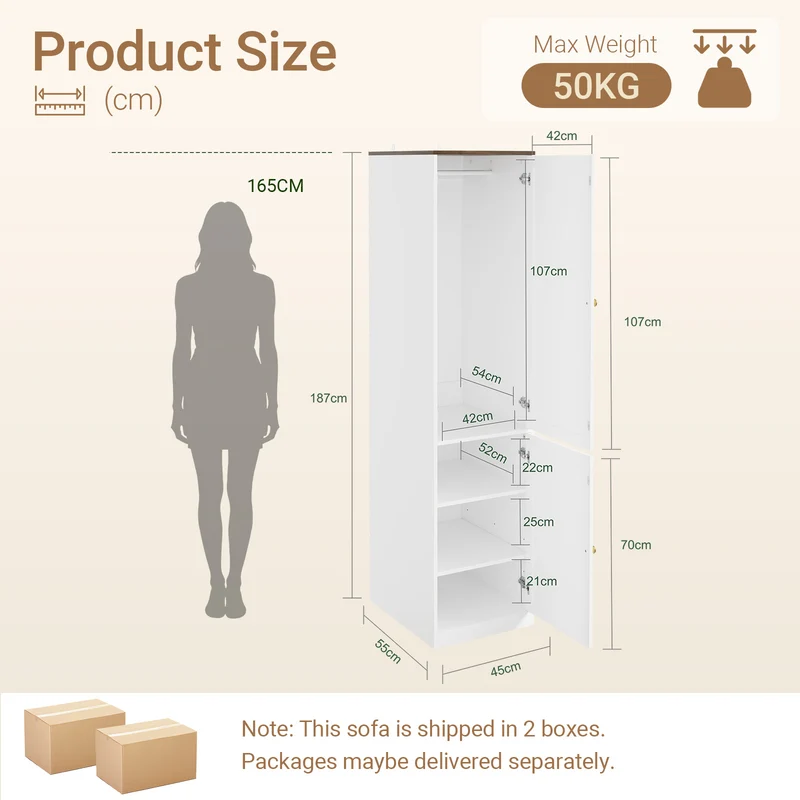 SoBuy KSB03-W Armoire Penderie 2 Portes pour Chambre – Penderie et 3 Étagères, Anti-Basculement – 45×55×187 cm, Blanc