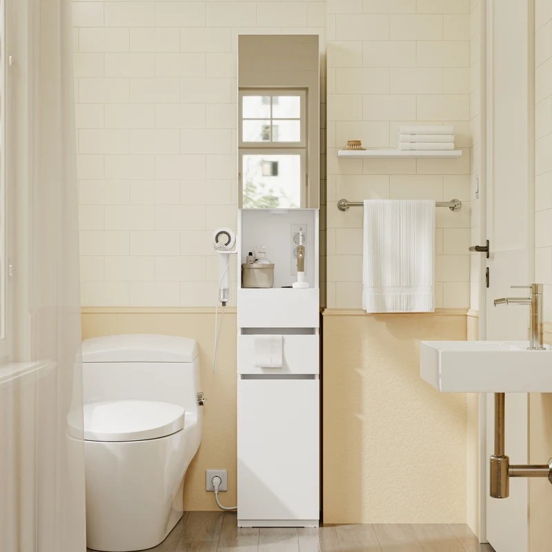 SoBuy BZR240-E-W Colonne de Salle de Bain Étroite avec Miroir et Éclairage – Prise Intégrée et Port USB-A, 2 Tiroirs – 30×30×180,5 cm, Blanc