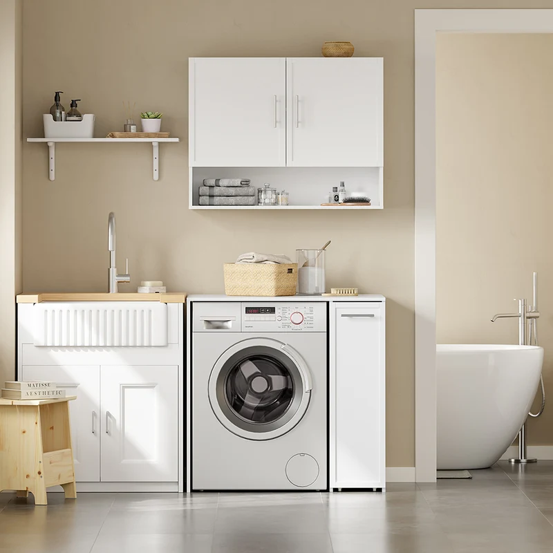 SoBuy BZR229-W Meuble Lave-Linge avec Porte et Tiroir Coulissant – Armoire de Buanderie Encastrable – 90×60×88 cm, Blanc