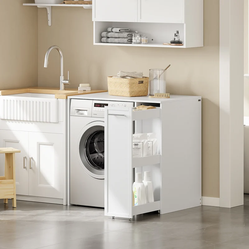 SoBuy BZR229-W Meuble Lave-Linge avec Porte et Tiroir Coulissant – Armoire de Buanderie Encastrable – 90×60×88 cm, Blanc