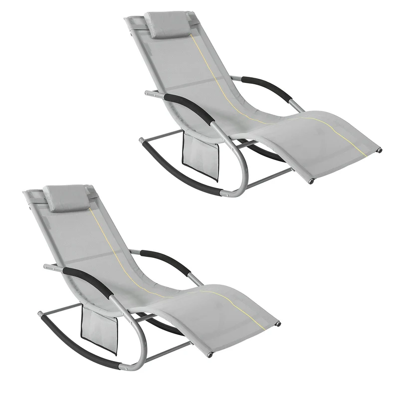 SoBuy OGS28-HGx2 Lot de 2 Chaises Longues à Bascule – Appui-Tête Réglable, Pochette Latérale, Textilène, Charge 150 kg, Gris