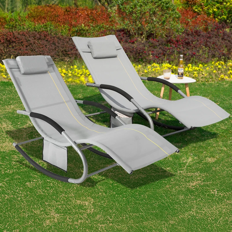 SoBuy OGS28-HGx2 Lot de 2 Chaises Longues à Bascule – Appui-Tête Réglable, Pochette Latérale, Textilène, Charge 150 kg, Gris