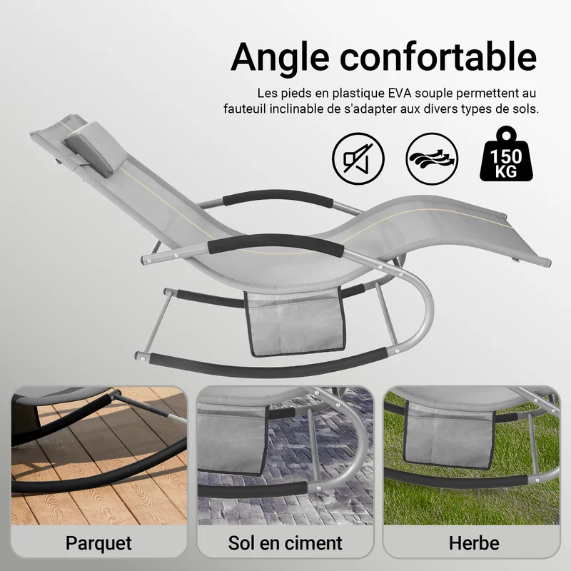 SoBuy OGS28-HGx2 Lot de 2 Chaises Longues à Bascule – Appui-Tête Réglable, Pochette Latérale, Textilène, Charge 150 kg, Gris