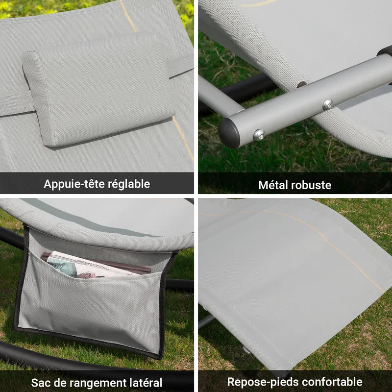 SoBuy OGS28-HGx2 Lot de 2 Chaises Longues à Bascule – Appui-Tête Réglable, Pochette Latérale, Textilène, Charge 150 kg, Gris