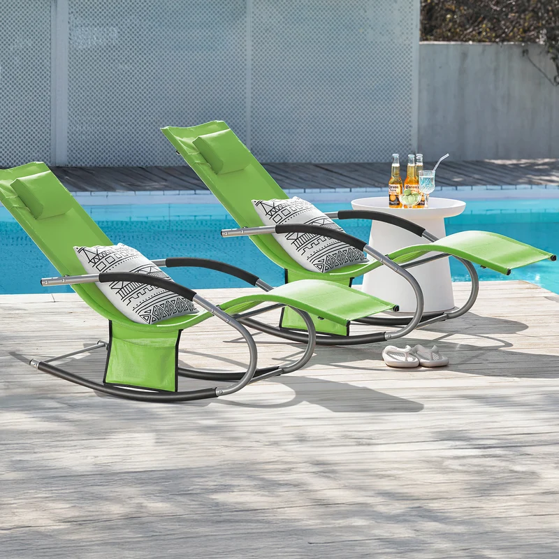 SoBuy OGS28-GRx2 Lot de 2 Chaise Longue Transat de Jardin Bascule avec Appui-tête Réglable et Pochette latérale