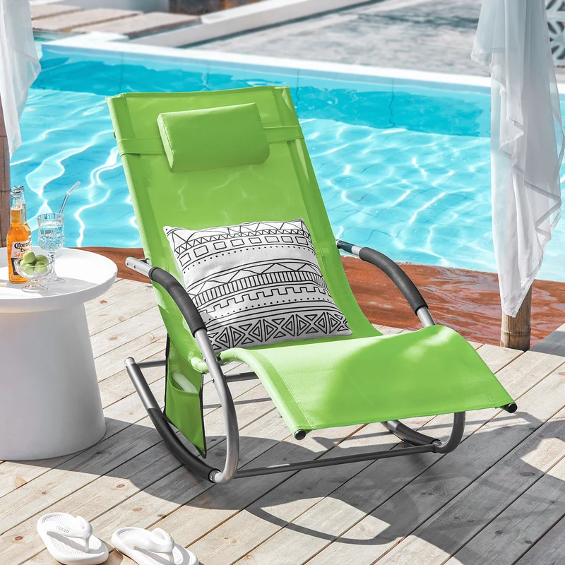 SoBuy OGS28-GRx2 Lot de 2 Chaise Longue Transat de Jardin Bascule avec Appui-tête Réglable et Pochette latérale