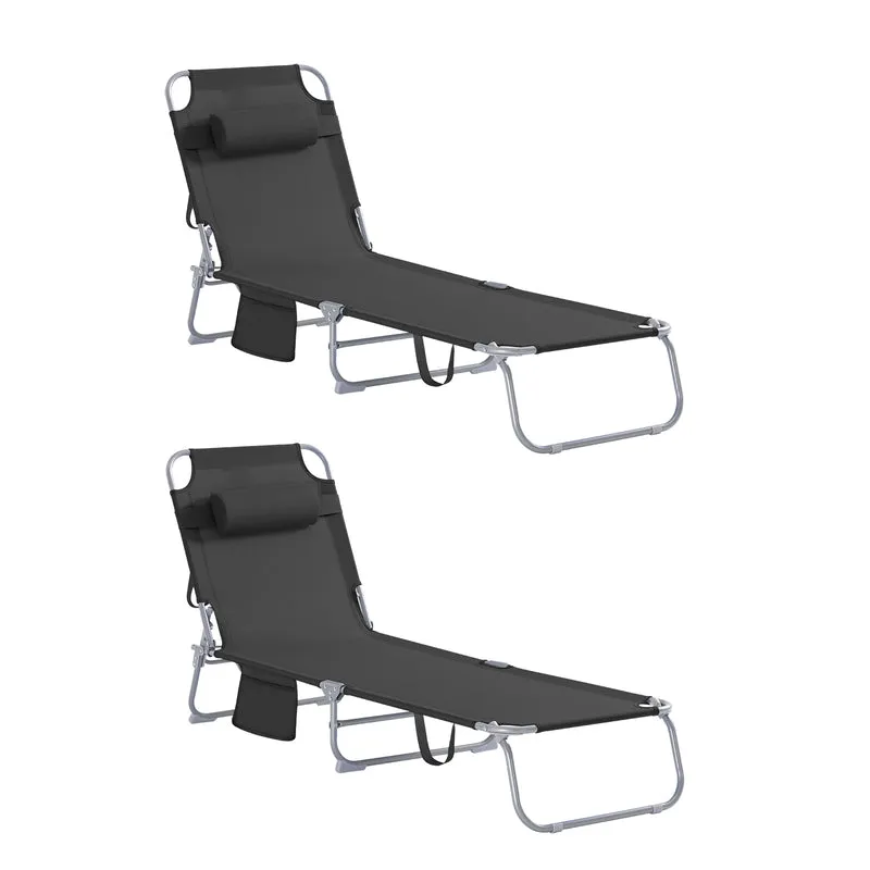 SoBuy OGS35-SCHx2 Lot de 2 Transats de Jardin Pliable avec Oreiller et Poche Latérale, Chaise Longue Relax, Design Fonctionnel – L155×P56×H81 cm, Noir