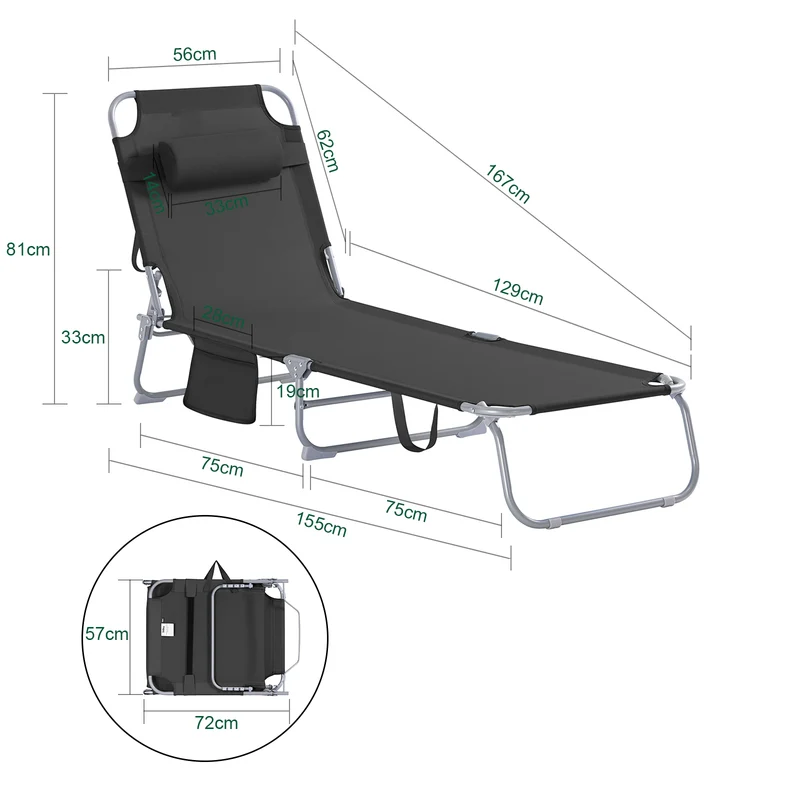 SoBuy OGS35-SCHx2 Lot de 2 Transats de Jardin Pliable avec Oreiller et Poche Latérale, Chaise Longue Relax, Design Fonctionnel – L155×P56×H81 cm, Noir