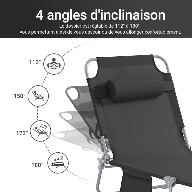 SoBuy OGS35-SCHx2 Lot de 2 Transats de Jardin Pliable avec Oreiller et Poche Latérale, Chaise Longue Relax, Design Fonctionnel – L155×P56×H81 cm, Noir