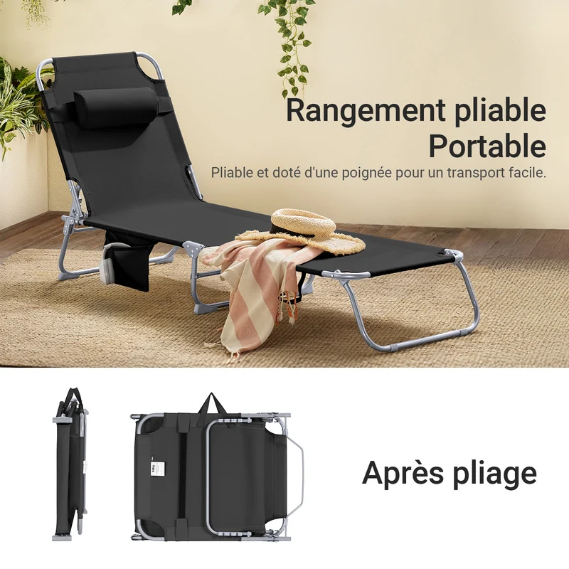SoBuy OGS35-SCHx2 Lot de 2 Transats de Jardin Pliable avec Oreiller et Poche Latérale, Chaise Longue Relax, Design Fonctionnel – L155×P56×H81 cm, Noir