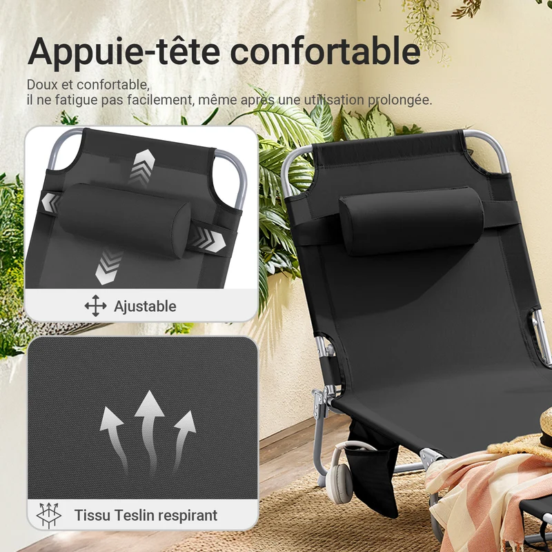 SoBuy OGS35-SCHx2 Lot de 2 Transats de Jardin Pliable avec Oreiller et Poche Latérale, Chaise Longue Relax, Design Fonctionnel – L155×P56×H81 cm, Noir