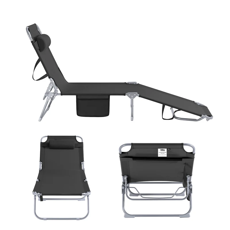 SoBuy OGS35-SCHx2 Lot de 2 Transats de Jardin Pliable avec Oreiller et Poche Latérale, Chaise Longue Relax, Design Fonctionnel – L155×P56×H81 cm, Noir