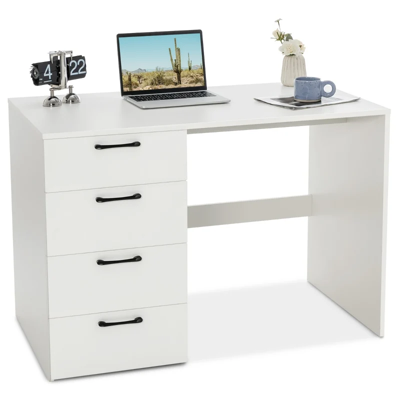 Costway - Bureau Ordinateur, Bureau Informatique, Grand Bureau, Bureau Moderne, Poste de Travail avec 4 Tiroirs, L110 x P60 x H76 cm, Blanc