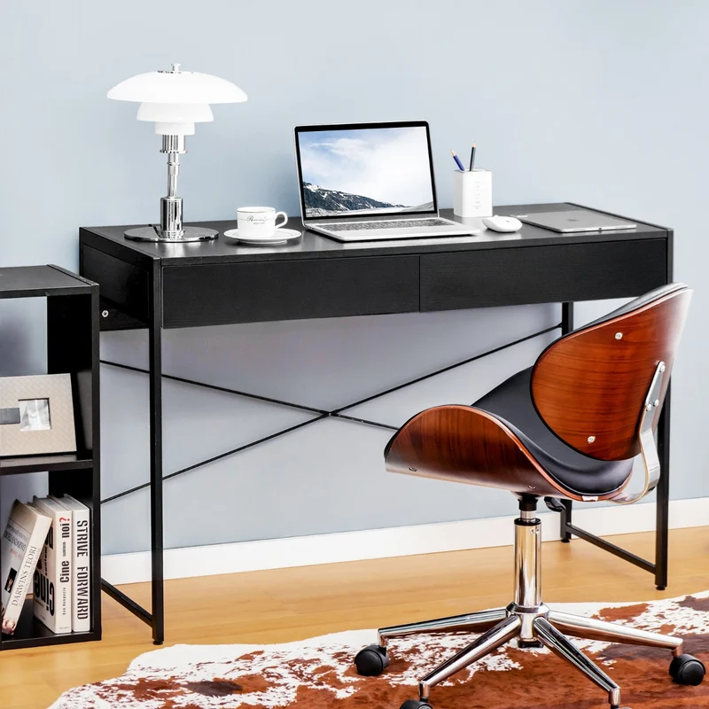 Costway - Bureau Ordinateur, Bureau Informatique, Bureau en Bois, Bureau Moderne, Table de Bureau, Poste de Travail, 112 x 48 x 76 cm, Noir