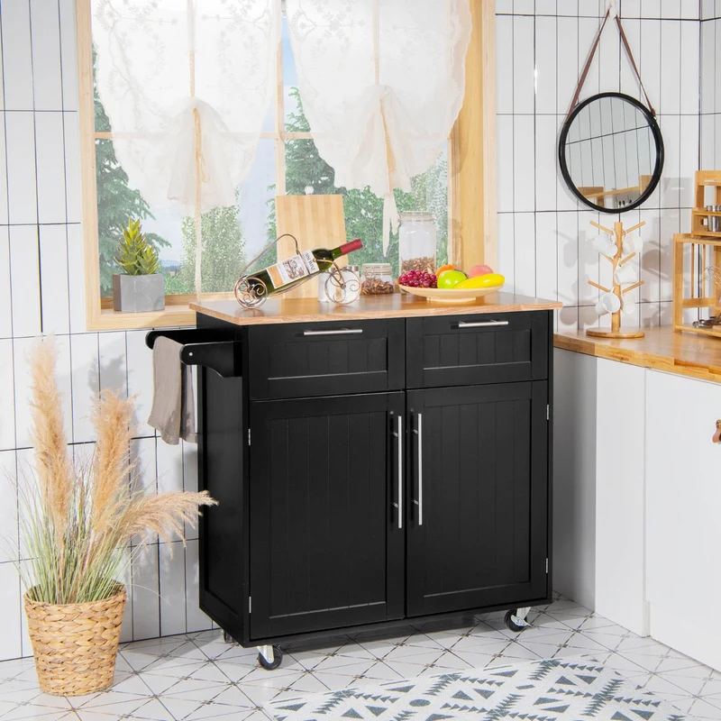 Costway - Chariot de Rangement, Ilot de Cuisine, Desserte a Roulette, Desserte Cuisine, Desserte micro onde, 2 Tiroirs, 2 Portes, Noir