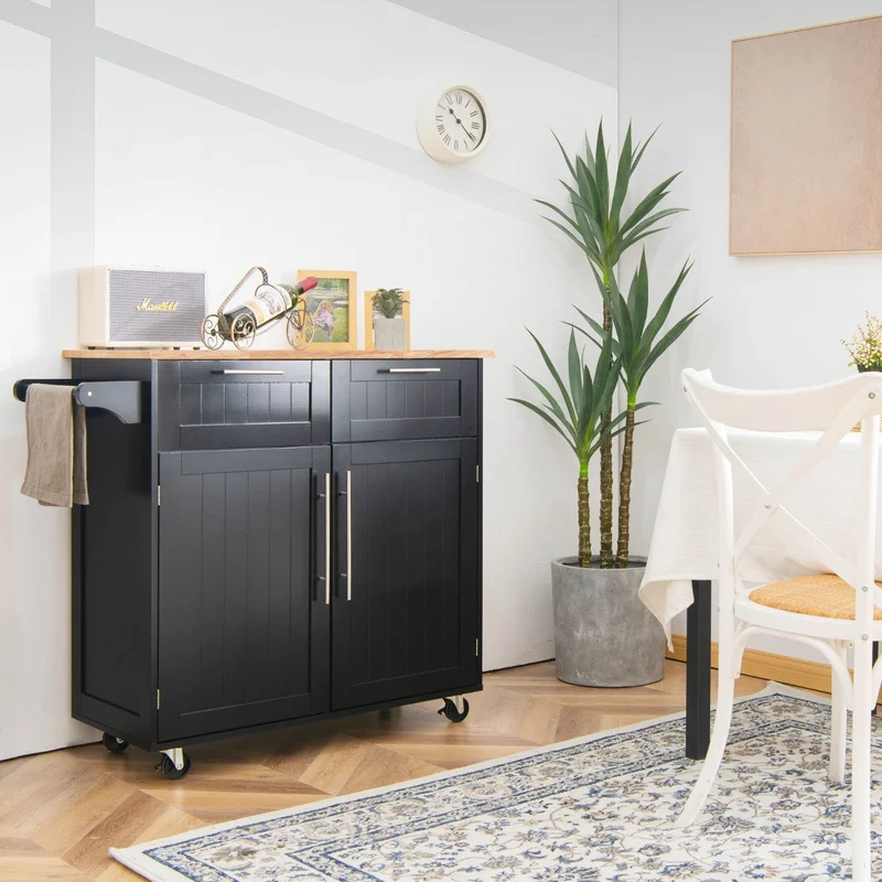 Costway - Chariot de Rangement, Ilot de Cuisine, Desserte a Roulette, Desserte Cuisine, Desserte micro onde, 2 Tiroirs, 2 Portes, Noir