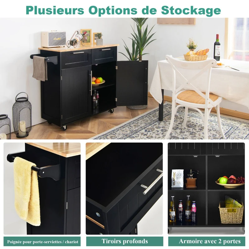 Costway - Chariot de Rangement, Ilot de Cuisine, Desserte a Roulette, Desserte Cuisine, Desserte micro onde, 2 Tiroirs, 2 Portes, Noir