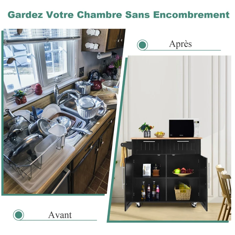 Costway - Chariot de Rangement, Ilot de Cuisine, Desserte a Roulette, Desserte Cuisine, Desserte micro onde, 2 Tiroirs, 2 Portes, Noir