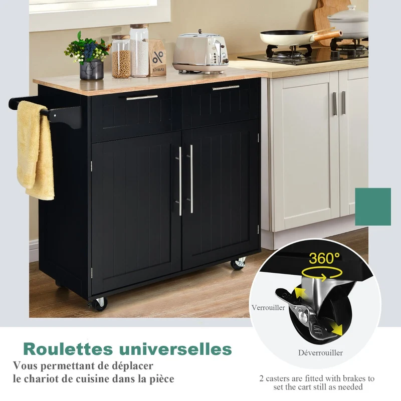 Costway - Chariot de Rangement, Ilot de Cuisine, Desserte a Roulette, Desserte Cuisine, Desserte micro onde, 2 Tiroirs, 2 Portes, Noir