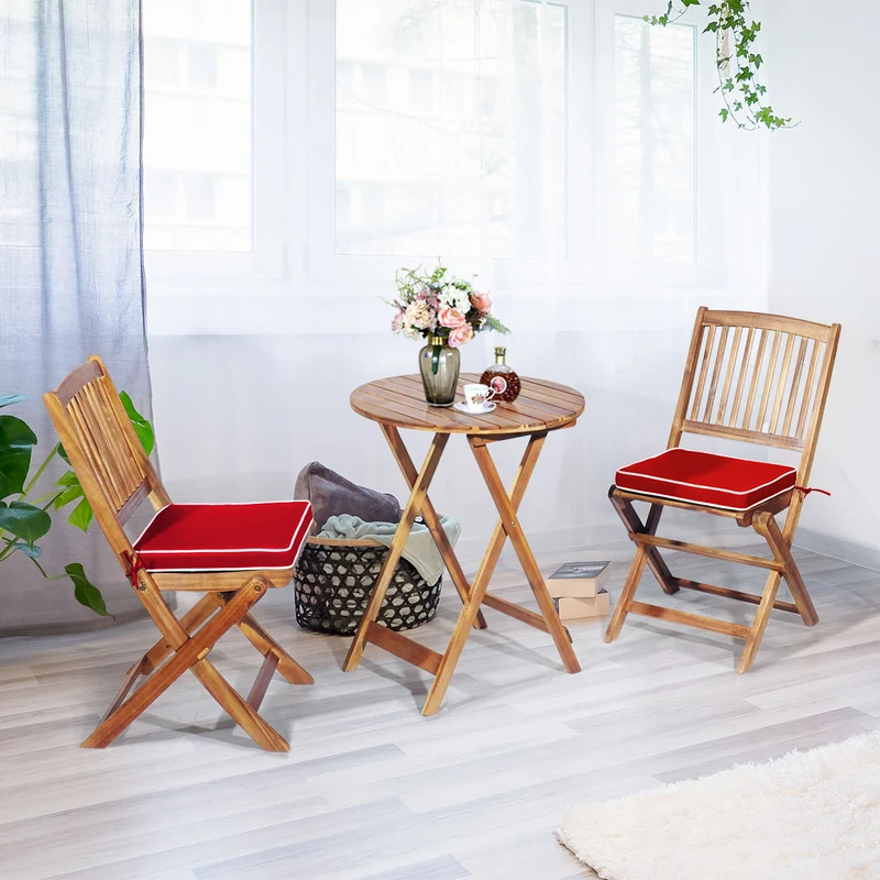 Costway - Ensemble Table et Chaise, Table et Chaise de Jardin, Pliable, 2 Chaises et1 Table Ronde en Bois, Intérieur et Extérieur, Naturel Rouge