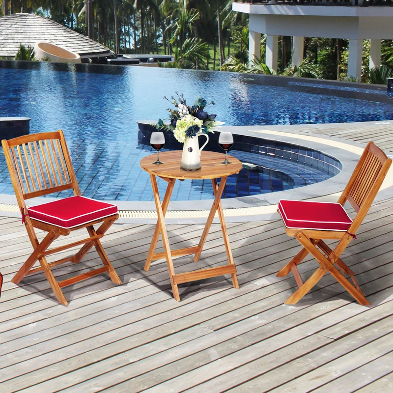 Costway - Ensemble Table et Chaise, Table et Chaise de Jardin, Pliable, 2 Chaises et1 Table Ronde en Bois, Intérieur et Extérieur, Naturel Rouge