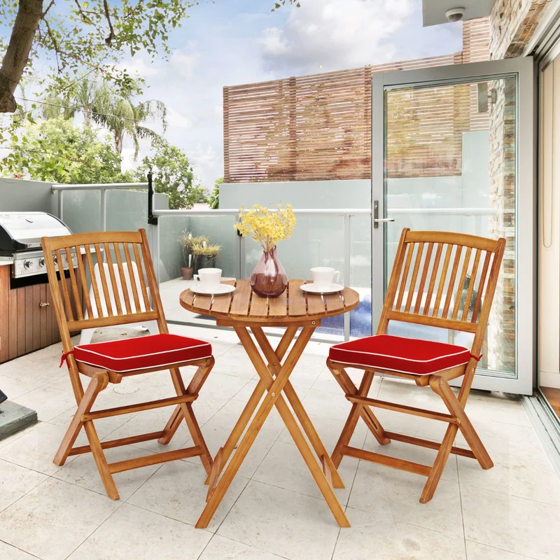 Costway - Ensemble Table et Chaise, Table et Chaise de Jardin, Pliable, 2 Chaises et1 Table Ronde en Bois, Intérieur et Extérieur, Naturel Rouge