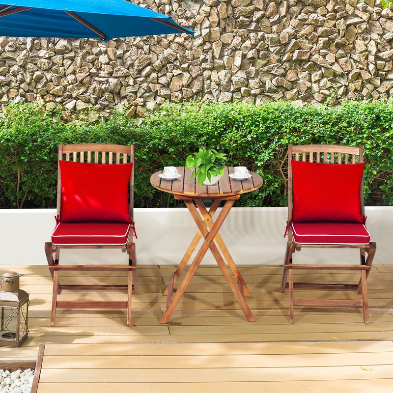 Costway - Ensemble Table et Chaise, Table et Chaise de Jardin, Pliable, 2 Chaises et1 Table Ronde en Bois, Intérieur et Extérieur, Naturel Rouge