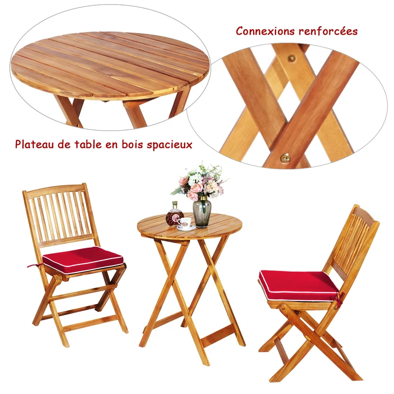 Costway - Ensemble Table et Chaise, Table et Chaise de Jardin, Pliable, 2 Chaises et1 Table Ronde en Bois, Intérieur et Extérieur, Naturel Rouge