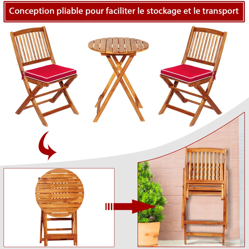 Costway - Ensemble Table et Chaise, Table et Chaise de Jardin, Pliable, 2 Chaises et1 Table Ronde en Bois, Intérieur et Extérieur, Naturel Rouge
