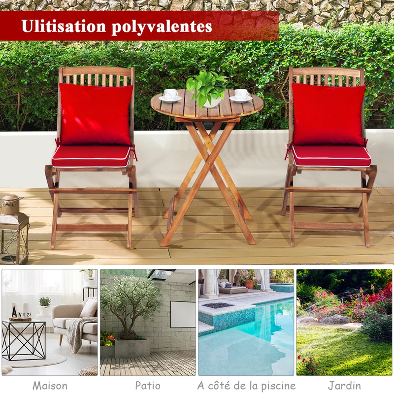 Costway - Ensemble Table et Chaise, Table et Chaise de Jardin, Pliable, 2 Chaises et1 Table Ronde en Bois, Intérieur et Extérieur, Naturel Rouge