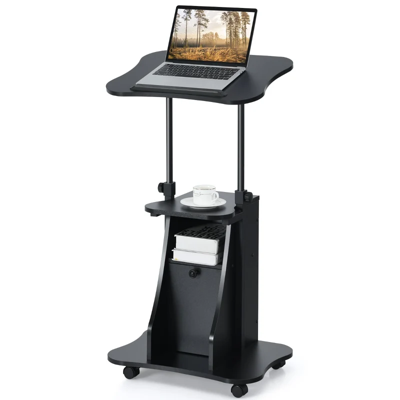 Costway - Support PC Portable, Bureau Assis Debout, Bureau Reglable Hauteur, Plateau Inclinable à 180°, Roulettes Verrouillables, Noir