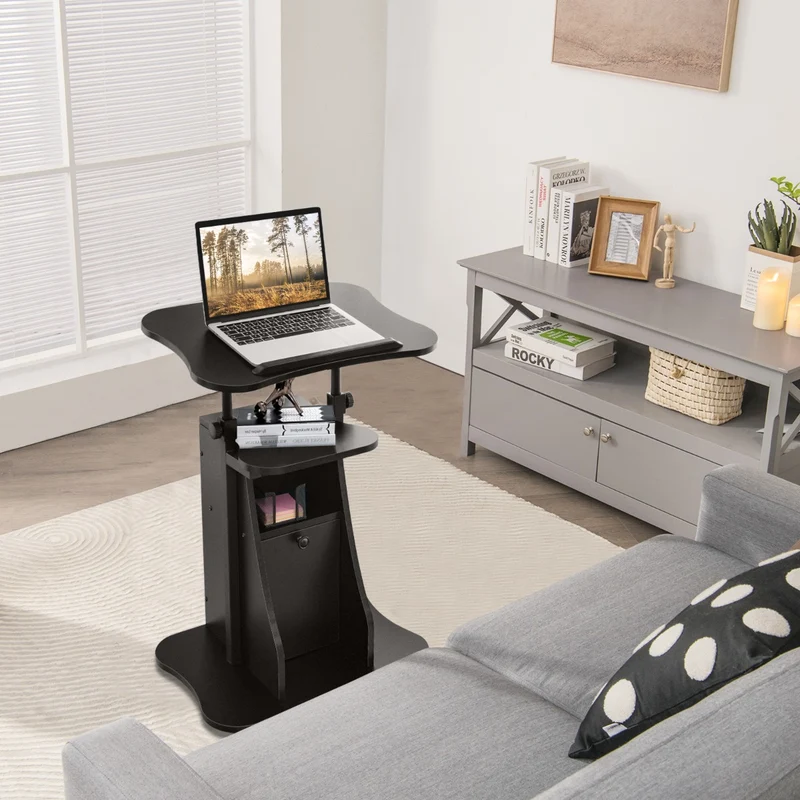 Costway - Support PC Portable, Bureau Assis Debout, Bureau Reglable Hauteur, Plateau Inclinable à 180°, Roulettes Verrouillables, Noir