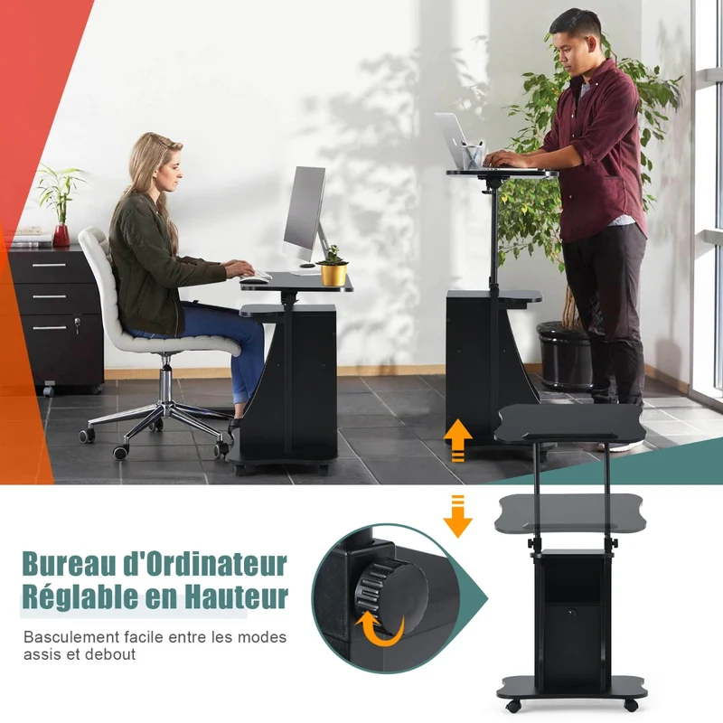 Costway - Support PC Portable, Bureau Assis Debout, Bureau Reglable Hauteur, Plateau Inclinable à 180°, Roulettes Verrouillables, Noir
