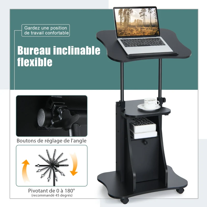 Costway - Support PC Portable, Bureau Assis Debout, Bureau Reglable Hauteur, Plateau Inclinable à 180°, Roulettes Verrouillables, Noir