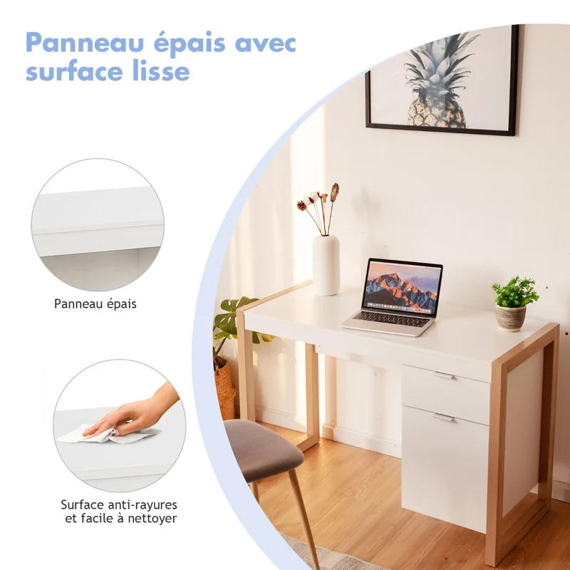 Costway - Bureau d’ordinateur moderne avec 2 tiroirs, 112,5 × 50 × 75 cm, blanc