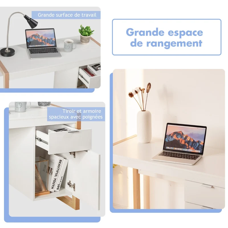 Costway - Bureau d’ordinateur moderne avec 2 tiroirs, 112,5 × 50 × 75 cm, blanc