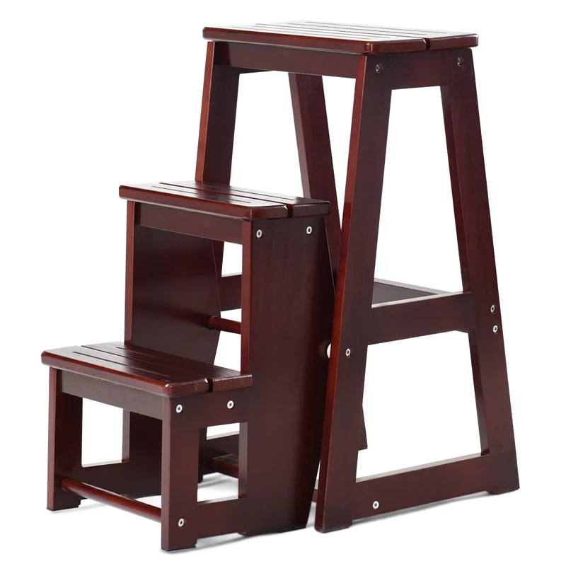 Costway – Tabouret-escabeau pliable 3 marches en bois de sapin, charge 130 kg, siège jusqu’à 150 kg, brun