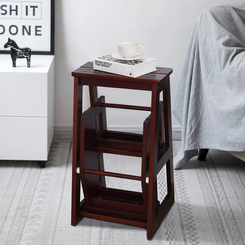 Costway – Tabouret-escabeau pliable 3 marches en bois de sapin, charge 130 kg, siège jusqu’à 150 kg, brun
