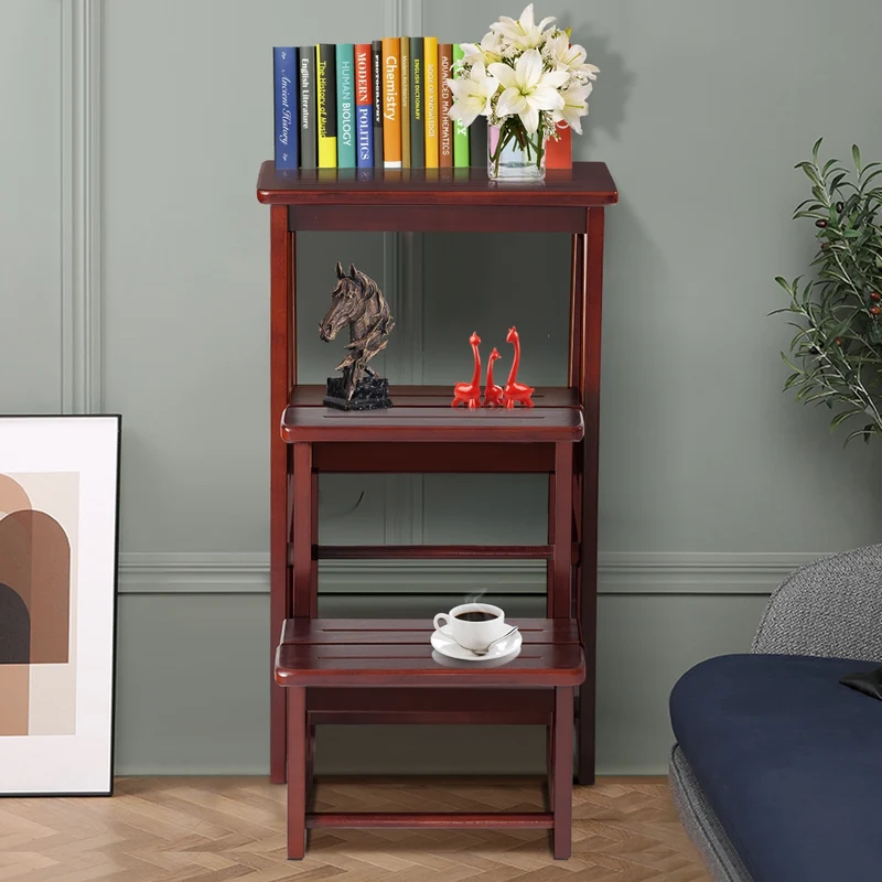 Costway – Tabouret-escabeau pliable 3 marches en bois de sapin, charge 130 kg, siège jusqu’à 150 kg, brun