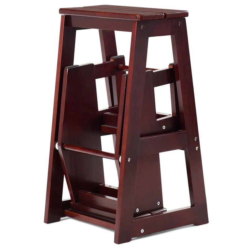 Costway – Tabouret-escabeau pliable 3 marches en bois de sapin, charge 130 kg, siège jusqu’à 150 kg, brun