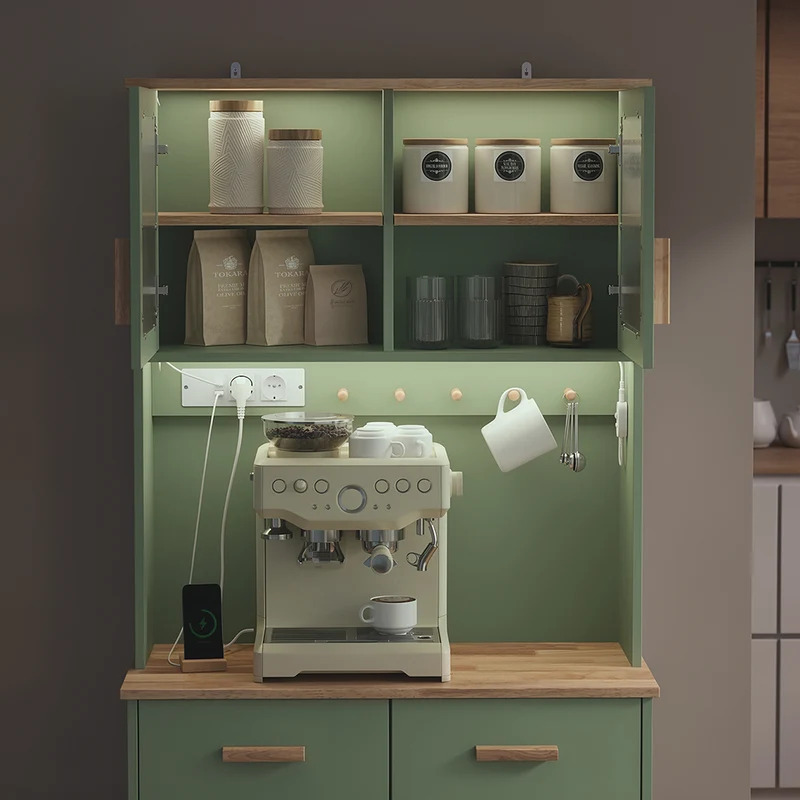 SoBuy FSB108-E-GR Buffet de Cuisine avec Éclairage LED et Prises USB – 4 Portes Vitrées, 2 Tiroirs, 6 Étagères – 80×38×180 cm, Vert Sauge