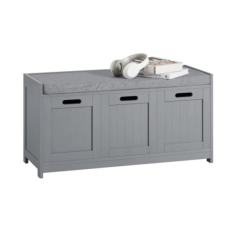 SoBuy FSR80-SG Banc à Chaussures avec Coussin Rembourré, 2 Portes et 1 Cube de Rangement pour Entrée – 90x35x45 cm, Gris Argenté