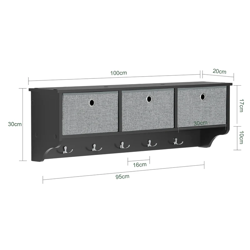 SoBuy FRG282-SCH Porte-Manteau Mural avec 5 Crochets et 3 Paniers, pour Entrée et Couloir, Design Fonctionnel, Usage Quotidien – L100×P20×H30 cm, Bois, Noir