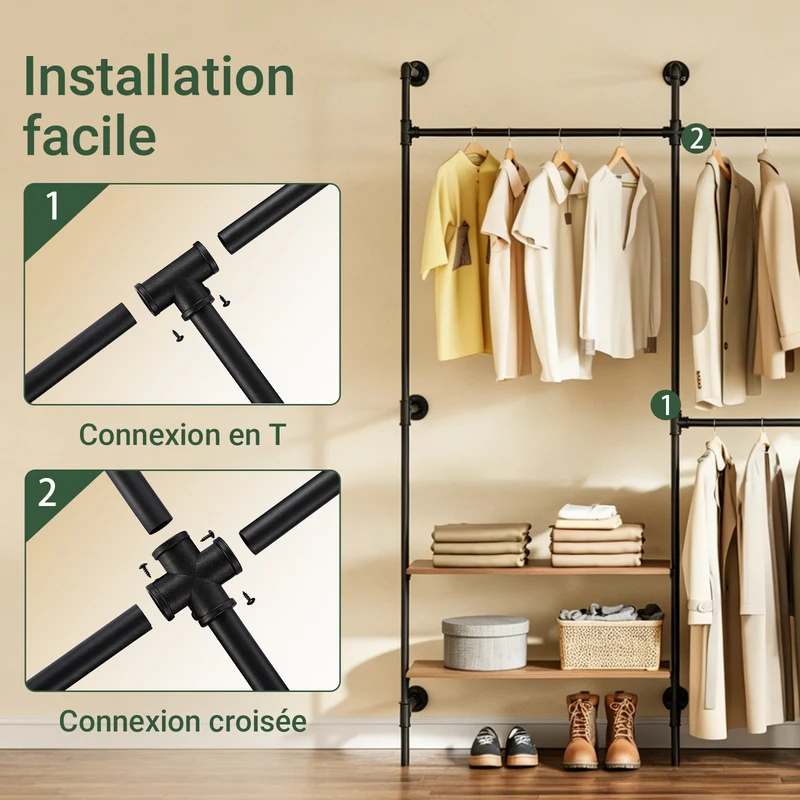 SoBuy KLS19-SCH Portant à Vêtements Mural 265cm, 4 Tringles et 4 Étagères MDF, Charge 120 kg, Fixation Murale et Sol – 265x48x220 cm, Industriel Noir
