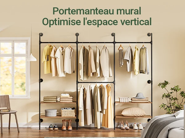 SoBuy KLS19-SCH Portant à Vêtements Mural 265cm, 4 Tringles et 4 Étagères MDF, Charge 120 kg, Fixation Murale et Sol – 265x48x220 cm, Industriel Noir