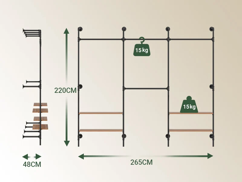 SoBuy KLS19-SCH Portant à Vêtements Mural 265cm, 4 Tringles et 4 Étagères MDF, Charge 120 kg, Fixation Murale et Sol – 265x48x220 cm, Industriel Noir
