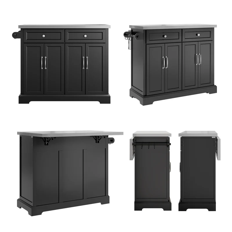 SoBuy FKW71-III-SCH Îlot de Cuisine Mobile avec Plan Inox Extensible 46–71 cm – 2 Tiroirs, Étagères Réglables, Noir