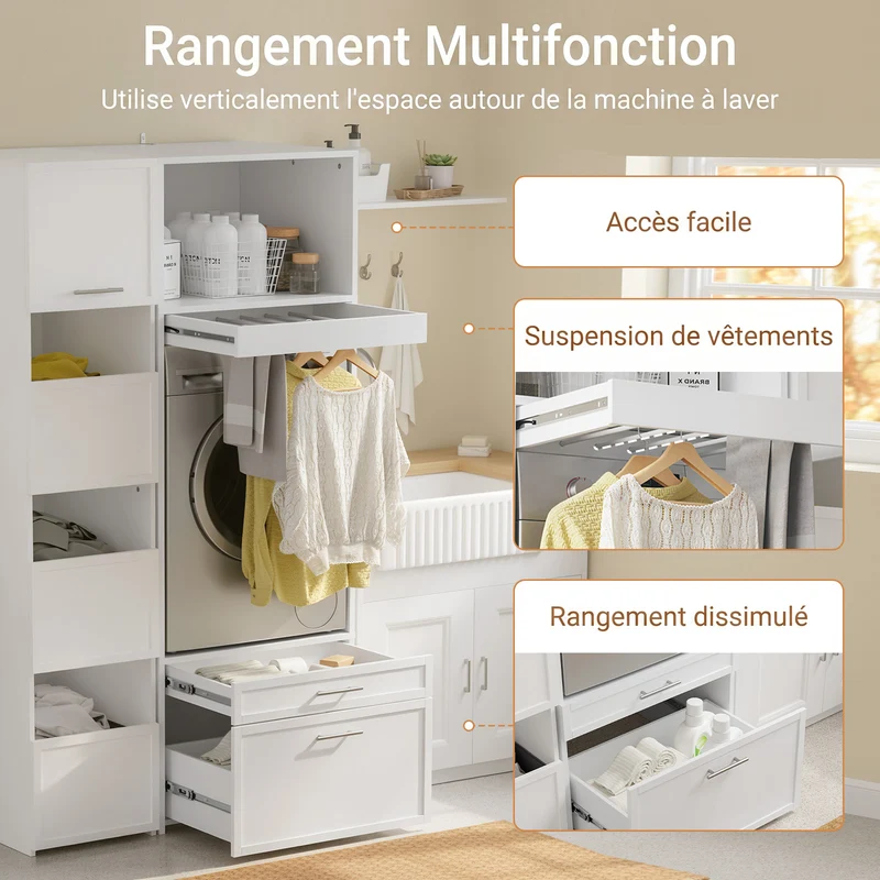 SoBuy BZR230-W Colonne de Buanderie pour Lave-Linge avec 2 Tiroirs – Penderie Escamotable, MDF – 66×60,5×186 cm, Blanc