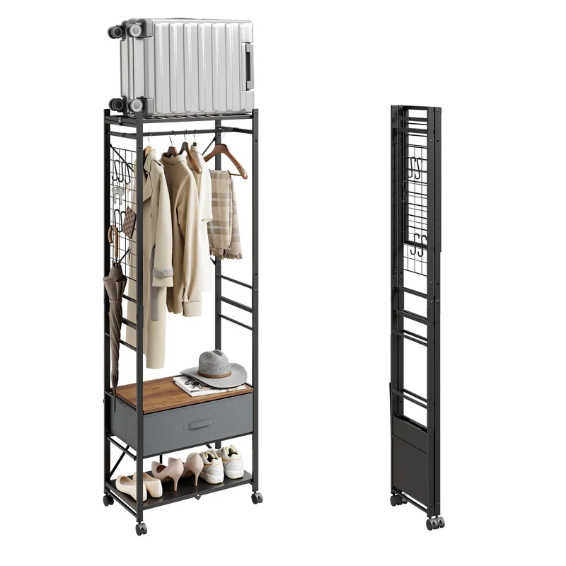 SoBuy KLS23-SCH Porte-Manteaux Industriel sur Pied avec Tiroir – Métal et Bois, Crochets, Roulettes – 60×32×175 cm, Gris Anthracite